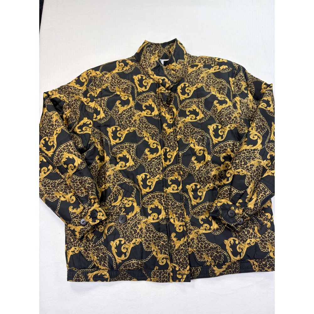 Anna and Frank Silk Puffer Jacket Womens Small Baroque Leopard Print Black Gold